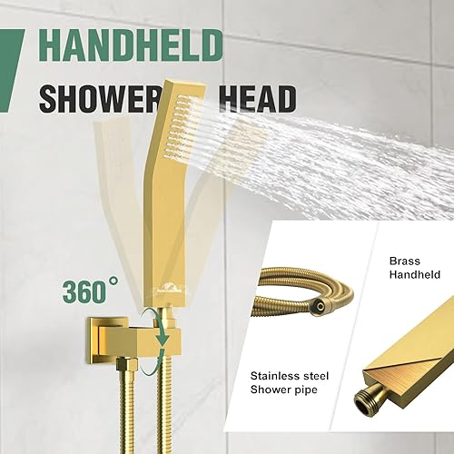 Miniatura 5 de Sistema de ducha de lluvia juego de grifos de ducha dorado cepillado, cabezal de ducha de lluvia montado en la pared de 8 pulgadas con válvula de