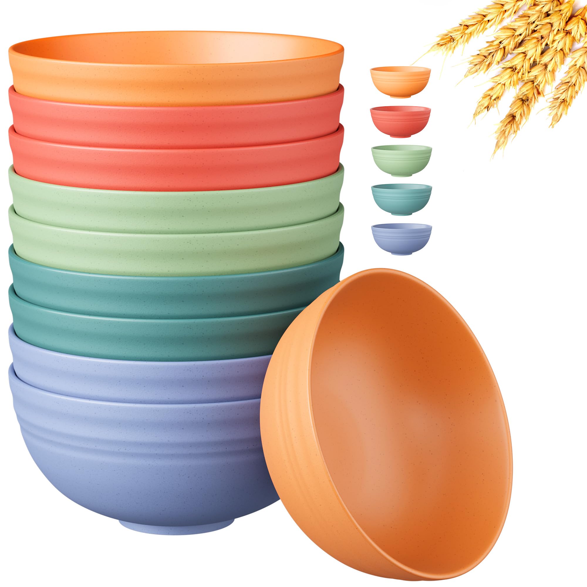 A set of colorful Quatish wheat straw bowls stacked neatly.