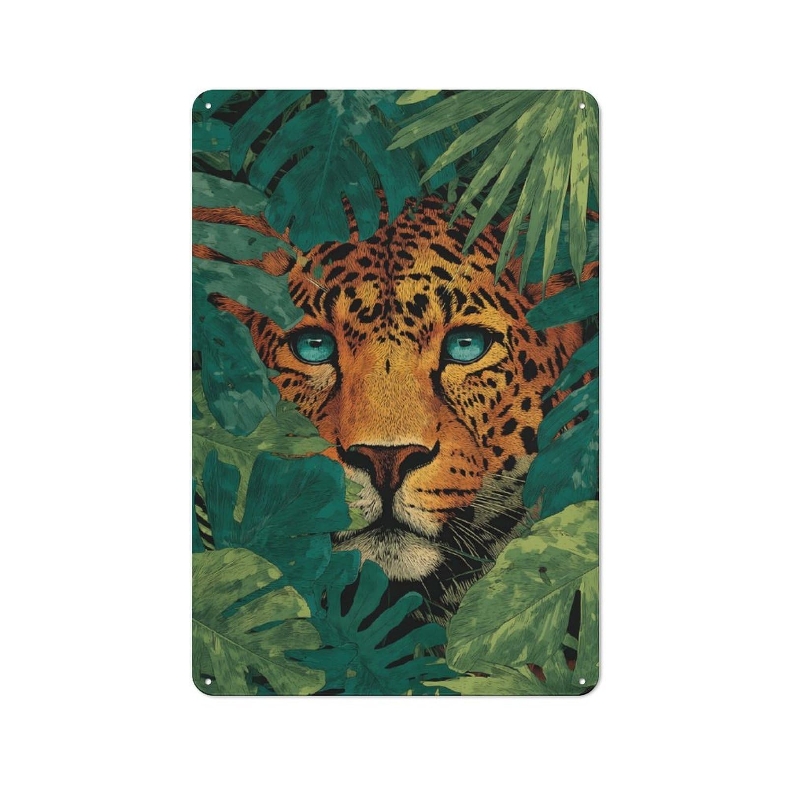 Metal Plaque with Leopard in Jungle Foliage Illustration Design 30x20cm, Cosy Diner Style Decor for Coffee Bar, Kitchen, Bistro Or Tea Corner