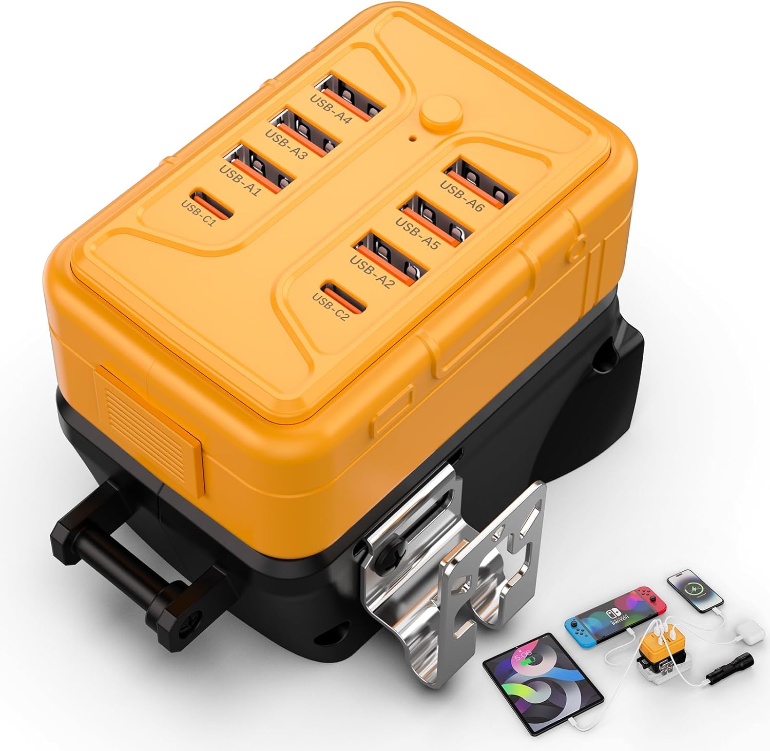 Power Inverter for DeWalt 20V Battery, 8 Ports (6 USB-A + 2 USB-C) with QC 3.0 Fast Charging, Compatible with 20-60V Batteries, Ideal for Camping Travel Emergency DIY Tools (Battery Not Included)