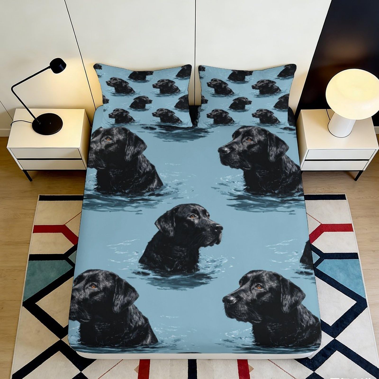 3D Printed Black Labrador Pattern Fitted Sheet Microfiber Soft Durable Blue Bed Cover for Bedroom Dormitory Guest Room Mattress Protection 120x200x25cm