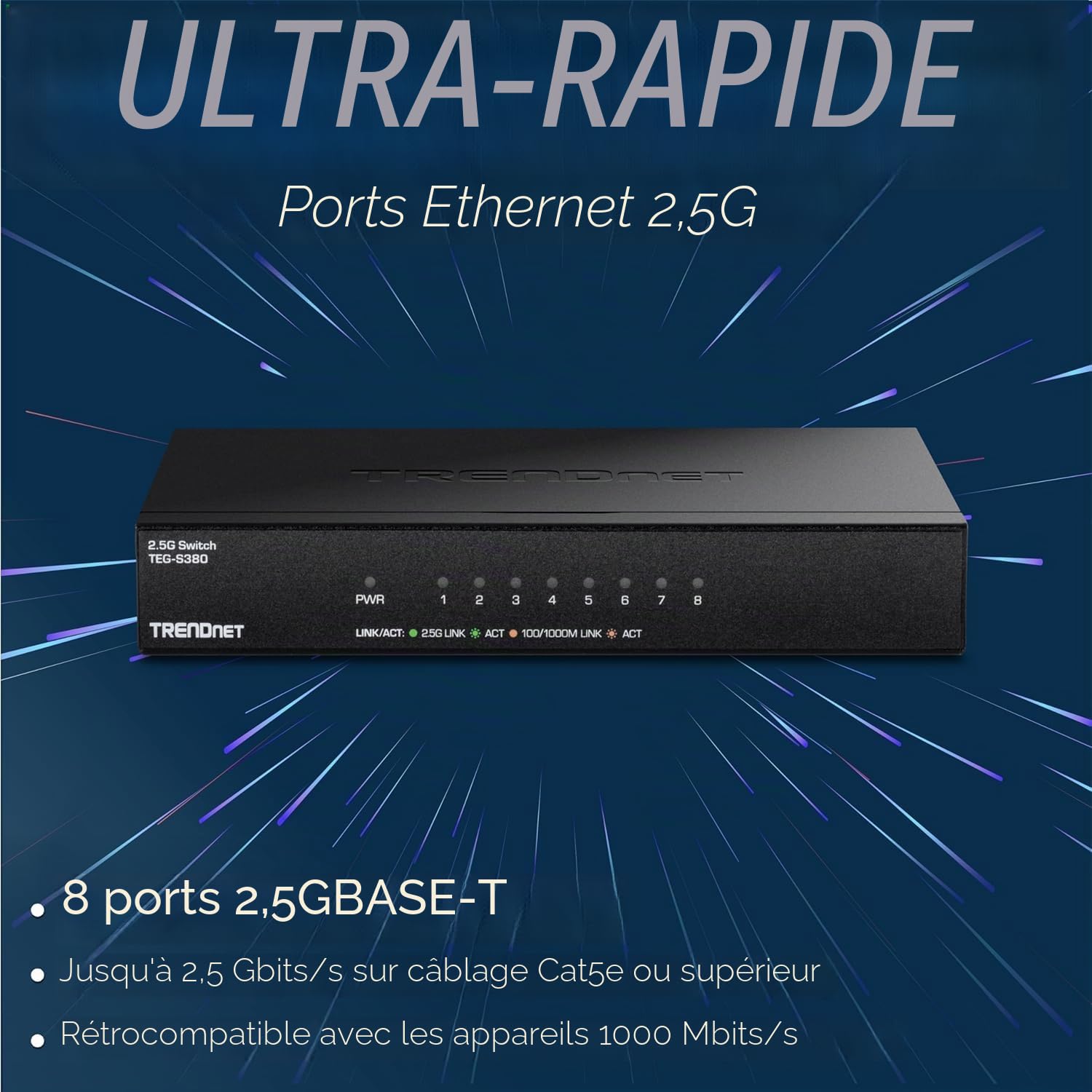 TRENDnet, TEG-S380, Commutateur de Jeu Non géré Multi-gigabit 8 Ports 2,5 Gbit/s, 8 Ports 2,5 GBASE-T, répartiteur Ethernet, Noir