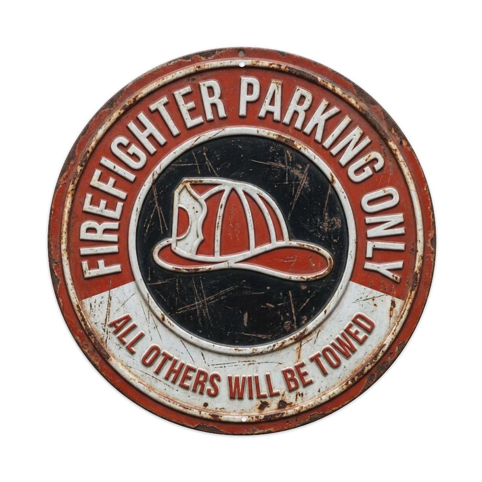 Firefighter Parking Only Nostalgic Hanging Ornament Retro Slogans Vintage Metal Tin Sign Plaque Wall Decor for Cafe, Club, Garden Round Metal Poster 8x8Inch