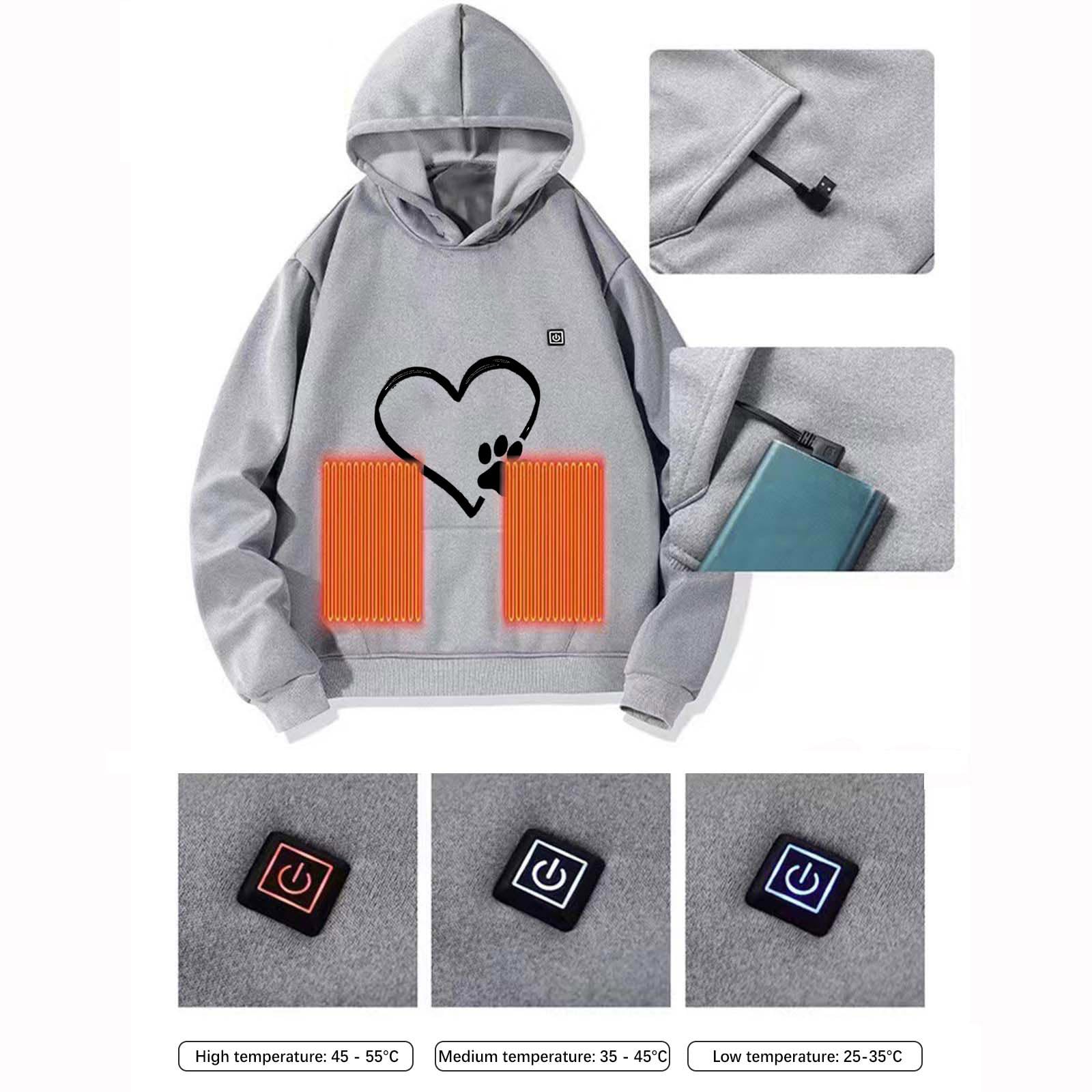 Sweats à Capuche Chauffant Garçons Filles, Veste Imprimé Manteau Chaud Sweatshirts Chauffants 3 Températures Réglables Veste Chauffant avec 5 Zones Blouson Enfants Chauffants USB Electrique