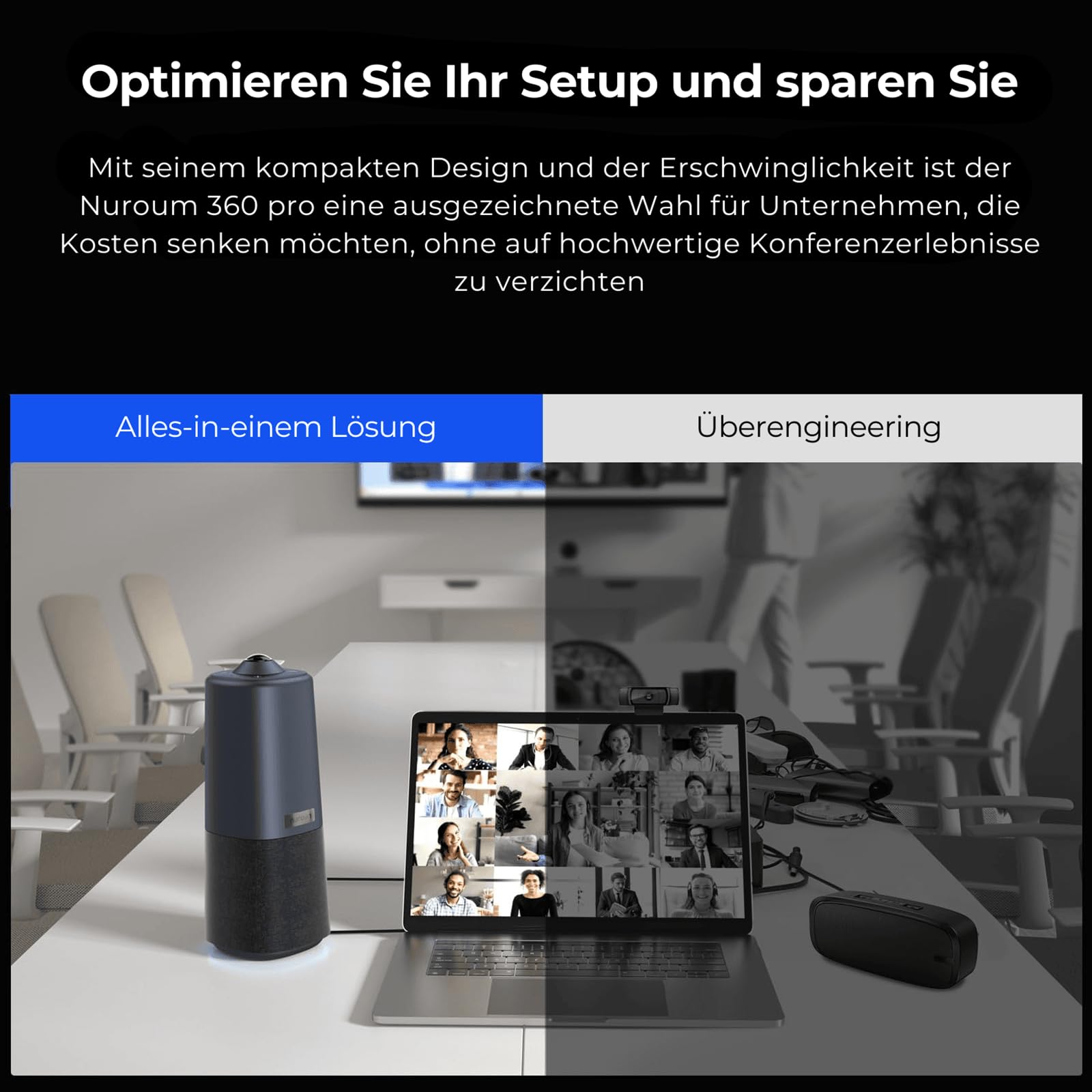 NUROUM 360 Pro Kamera für Videokonferenzen, 3 AI Modi, Intelligente Rauschunterdrückung & AGC, Webcam mit Mikrofon und Lautsprecher für Zoom/Teams/GoogleMeet auf PC/Laptop/Desktop
