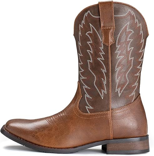 Miniatura 6 de IUV Botas de Vaquero para Hombre de Pie Ancho Punta Cuadrada Botas Occidentales con Bordado Clásico Duraderas Sin Cordones