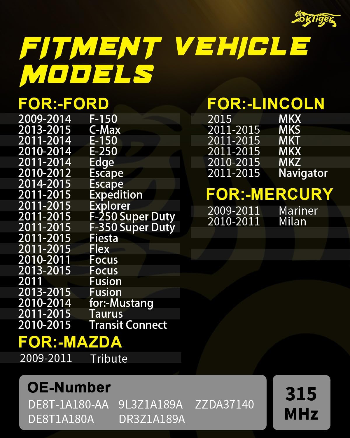 Oktiger 315Mhz TPMS Sensor Pre-Programmed Fits for Ford F150 2009-2014, Edge 2011-2014, Explorer 2011-2015, for Mustang Fusion F250 F350, for Lincoln MKZ, Tire Pressure Sensor OE# DE8T-1A180-AA