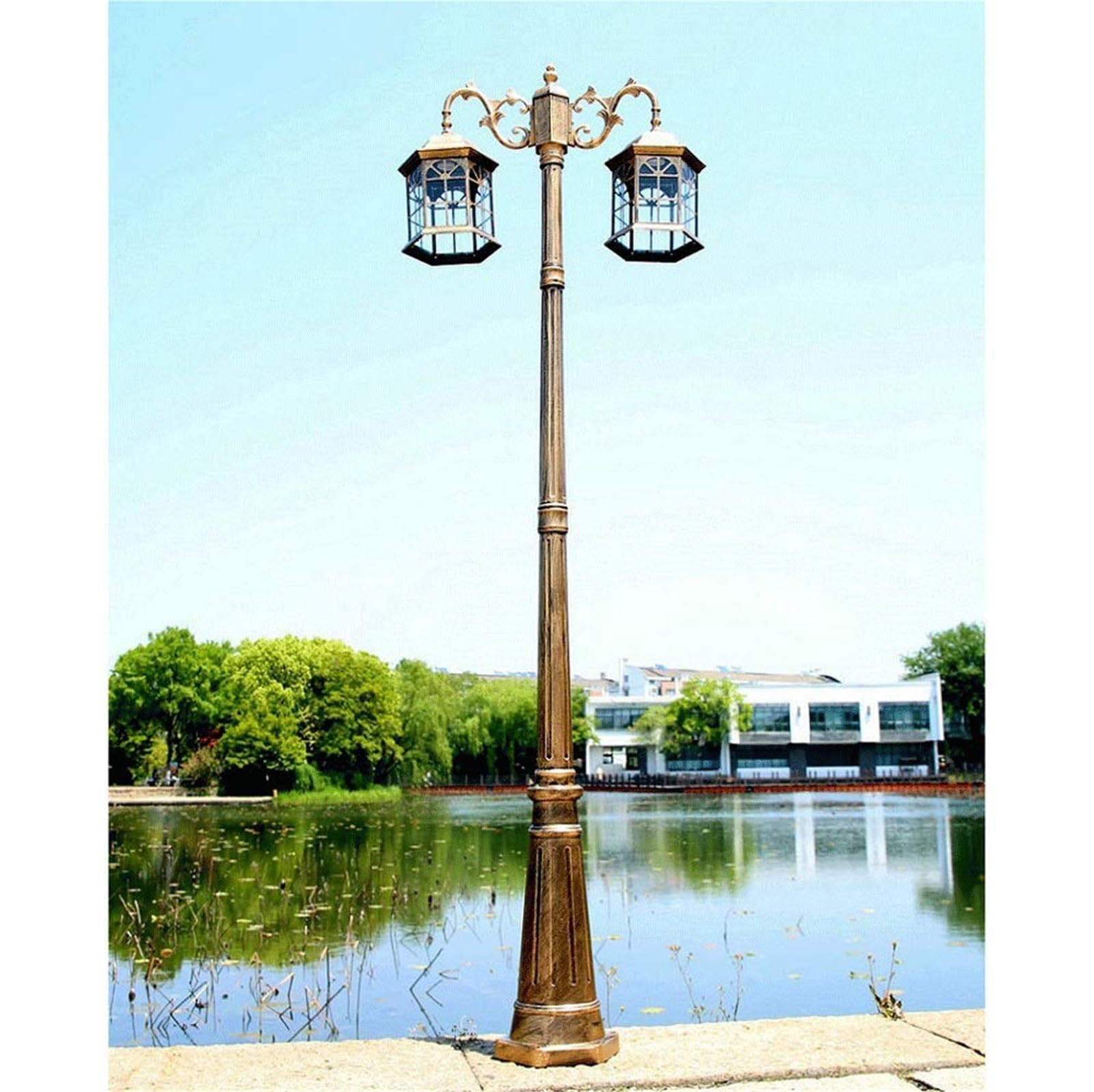Lampy Zewnętrzne Do Oświetlenia Tarasu, Zewnętrzne Lampy Zewnętrzne, Tradycyjne Lampy Zewnętrzne, Odlewane Aluminiowe, Podwójne Głowice, Wysoki Słup Oświetlenio(Brązowy-Wysokość 320 Cm)
