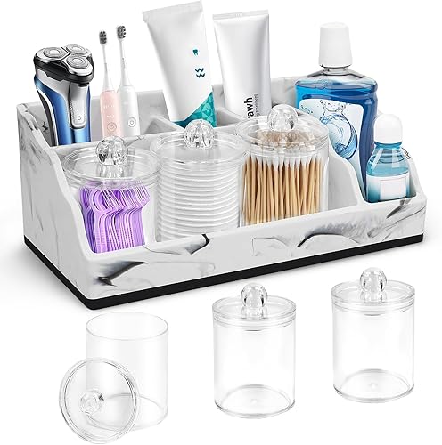 Organizador de Baño para Encimera, Soportes para Cepillos de Dientes de Mármol Blanco para Baños con 3 Piezas Dispensador de Soporte para