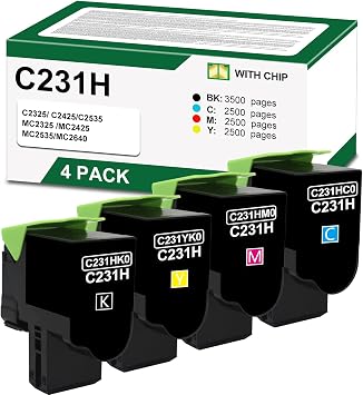 C231HK0 C231HC0 C231HM0 C231HY0 High Yield Toner Cartridge Replacement for lexmark C2325 C2425 C2535 MC2325 MC2425 MC2535 MC2640 Printer Black 3500 Pages,Cyan Magenta Yellow 2500 Pages
