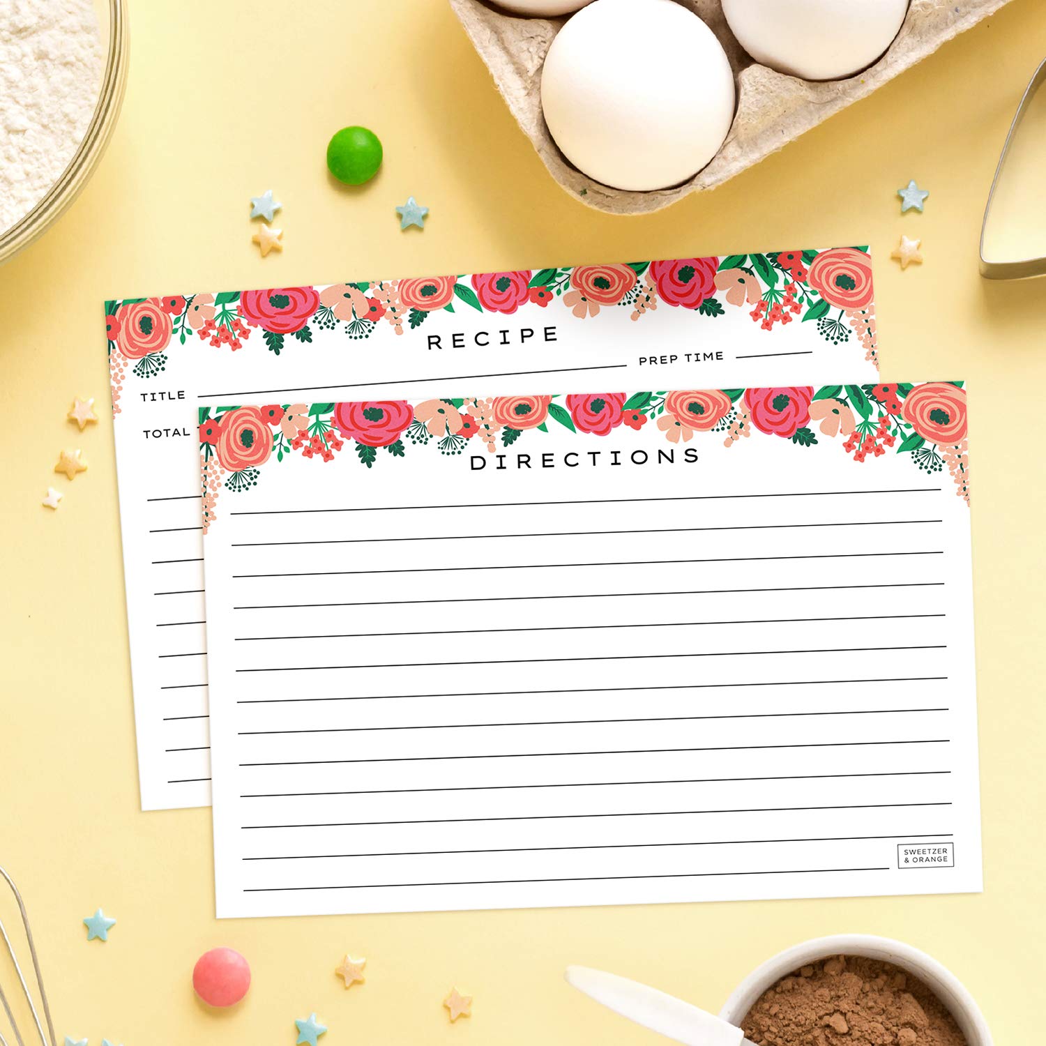Biglietti Per Ricette 10x15 Cm Con Motivi Floreali E Frutta – Confezione 50 Pezzi – Cartoncino 250g/m²