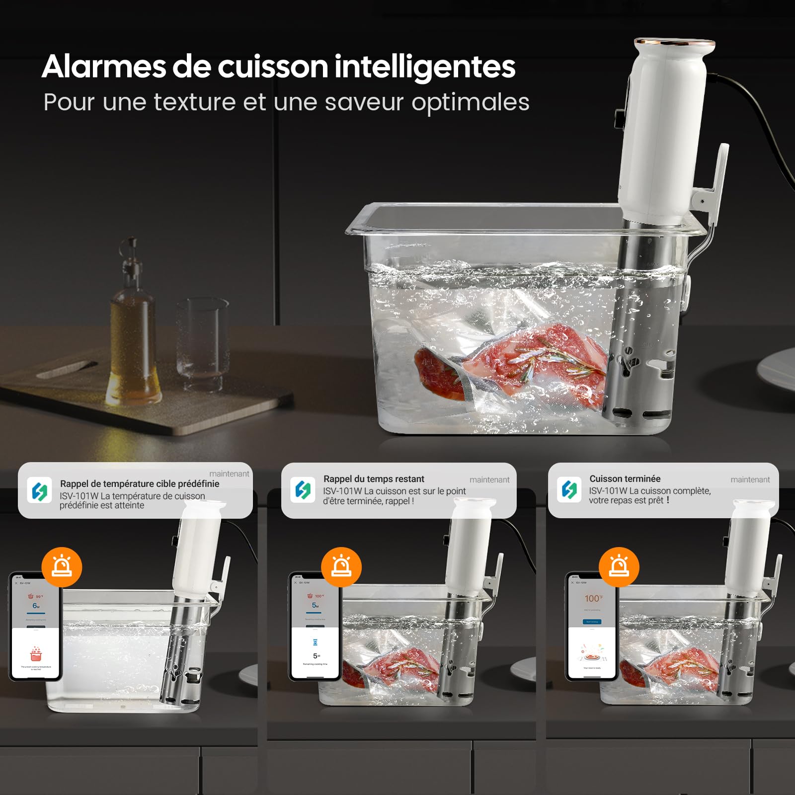 INKBIRD WiFi Thermoplongeur Sous Vide ISV-101W, Cuisson Basse Température 1000W: Écran TFT, Cuisson De Réservation App, Protection Du Niveau D'eau, Avertissement De Température, 0℃~95℃, Réglable 0,1℃