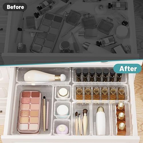 Miniatura 5 de WOWBOX Juego de 24 organizadores de cajones de plástico transparente, 4 tamaños para organizar cajones de escritorio y contenedores de