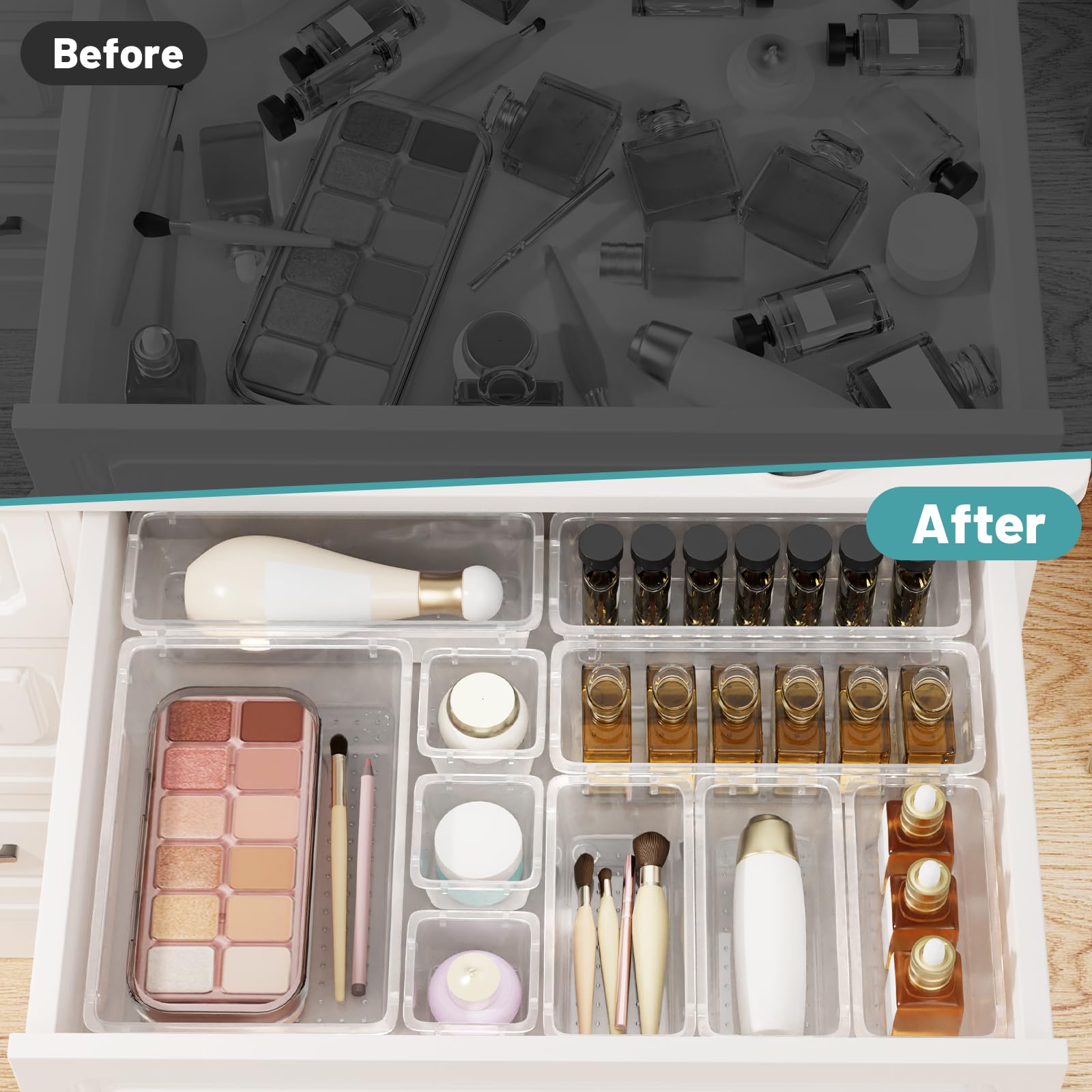 WOWBOX Set di 24 organizer per cassetti in plastica trasparente, 4 misure, per organizzare e riporre trucchi, cosmetici, gioielli e gadget in cucina, bagno, camera da letto, ufficio, trasparente