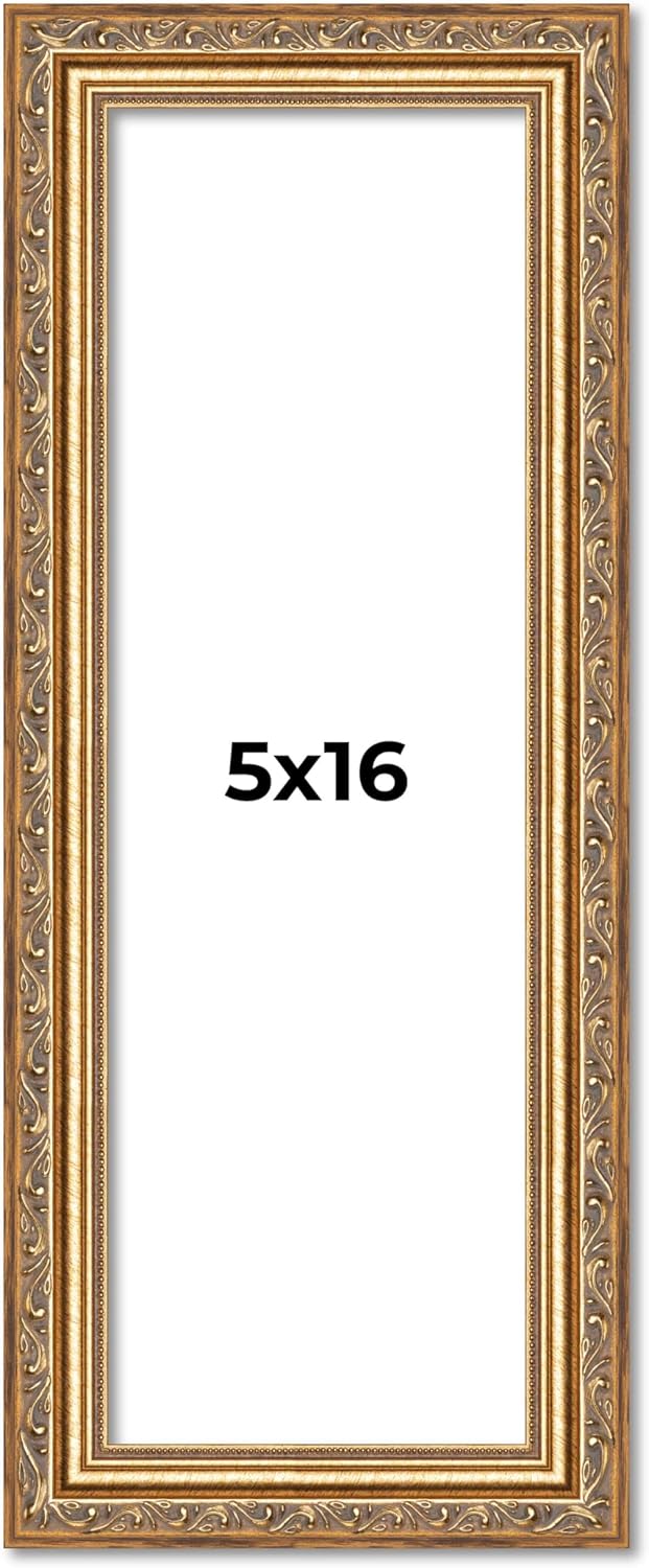 5x16 IN Frame Gold Solid Wood Picture Frame Width 1.25 Inches | Interior Frame Depth 0.375 Inches | Warwick Metallic Photo Frame Complete with UV Acrylic, Foam Board Backing & Hanging Hardware