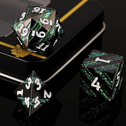 Miniatura 3 de DND - Juego de dados de metal, diseño de rayas metálicas con purpurina, juego de 7 dados poliédricos con caja de metal de regalo para juego de mesa