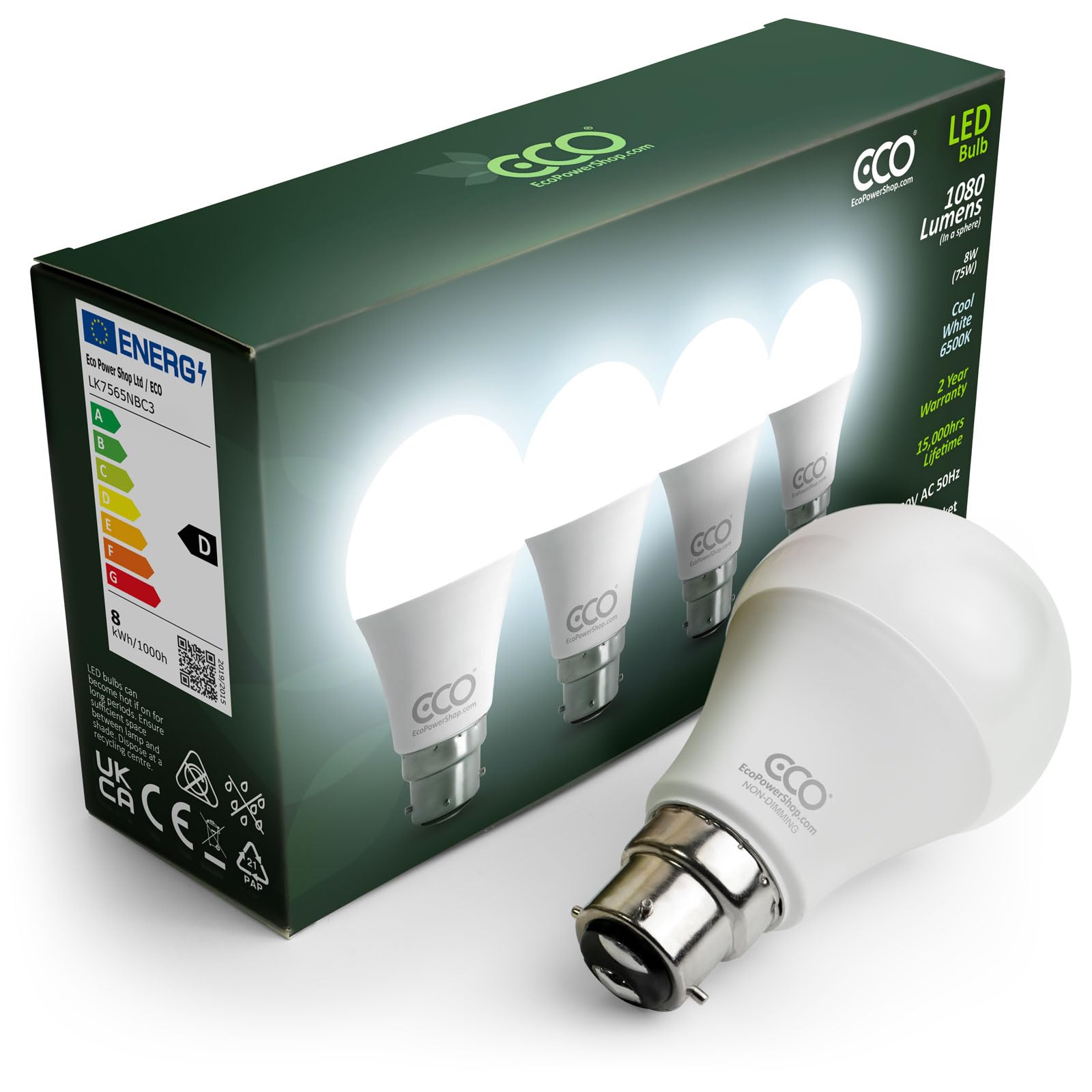 ECO 3 Pin BC3, 8W Energy Saving LED Light Bulb, 75W Equivalent, Cool White 6500K, Non-Dimmable, 15,000hrs Lifetime