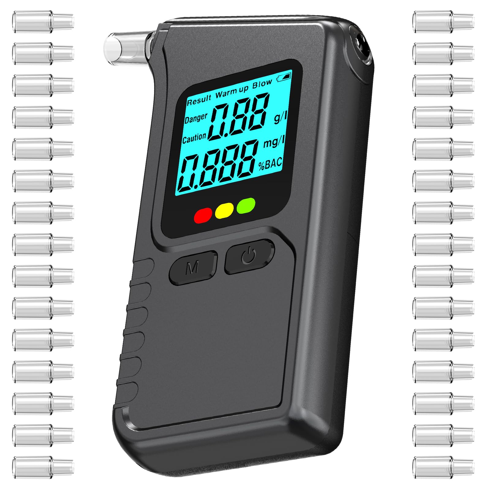 Alkoholtester, Polizeigenaues Promillemessgerät mit 30 Mundstücken, Alkoholmessgerät Digitaler LCD-Anzeige, Alkoholtestgerät Speicherfunktion & Sprachansage, Atemalkoholtester Heim Partygebrauch