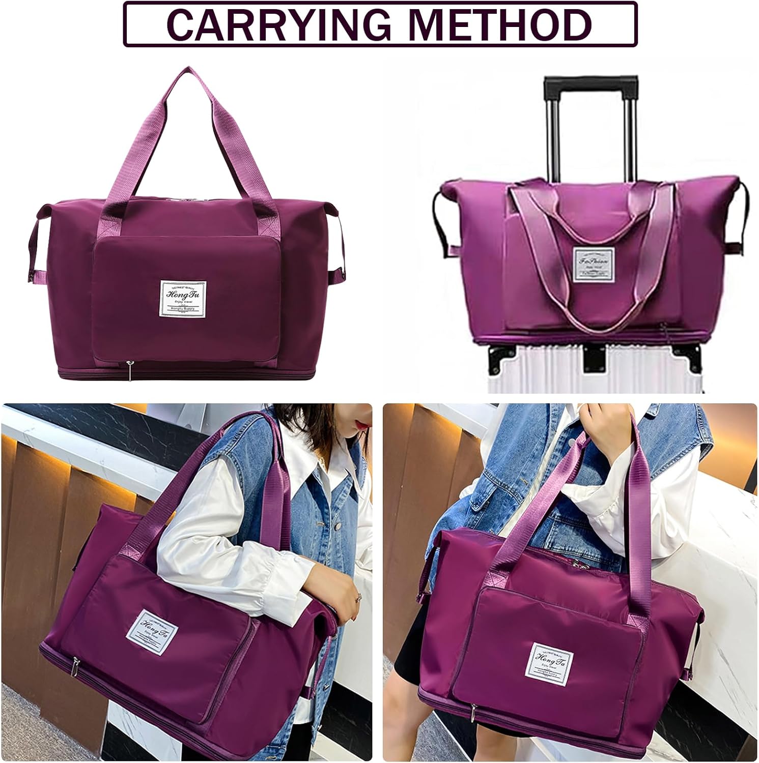 INVODA Travel Bag for Women Expandable Weekender Overnight Bag Carry on Sports Tote Gym Bag Waterproof Foldable Duffel Bag (Fuchsia) image 4