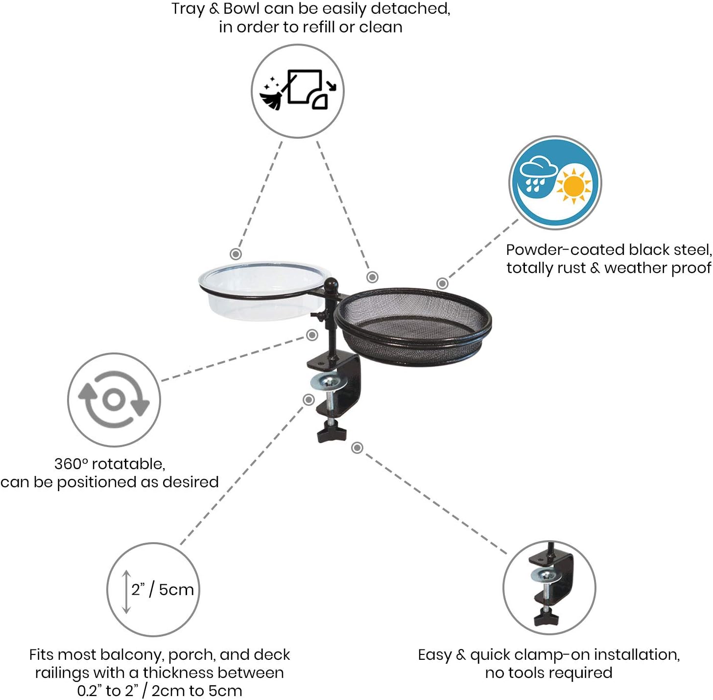 llevantics Deck Bird Feeder - Rail Mounted Bird Bath for Balcony and Railing - with Seed Tray and Water Bowl Spa for Birds - with Adjustable Clamp Bracket - Includes Hanging S-Hooks