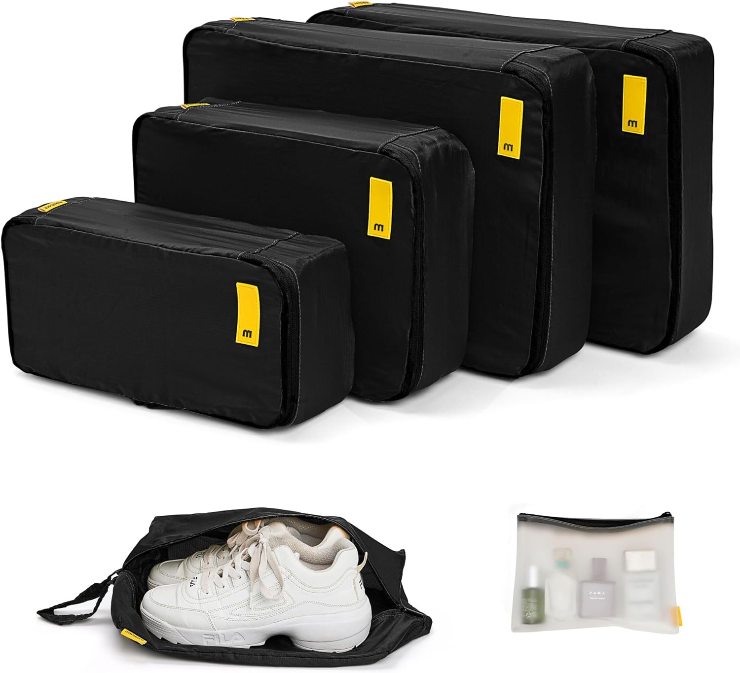 MOKOBARA The Packing Cube Nylon Fabric Water Resistant Travel Organizer Wardrobe Organizer Set Of Packing Bag (Xl,Large, Medium, Shoe Bag, Toiletry Bag) (Set Of 6, Crypto), Black