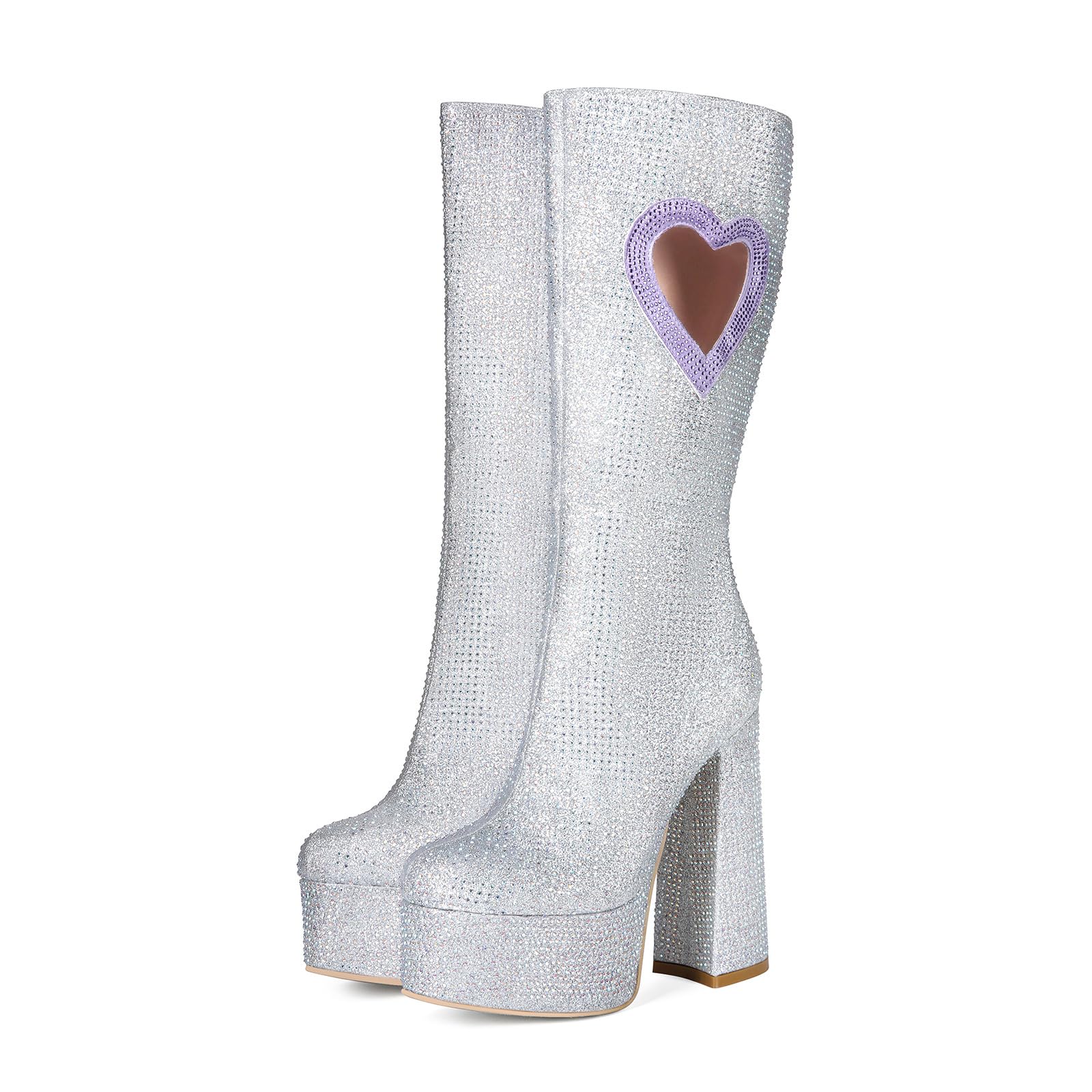 Rhinestone Hollow Heart Knee High Boots Platform Block Chunky High Heel Side Zipper Sparkly Fashion Pumps Shoes Clubwear