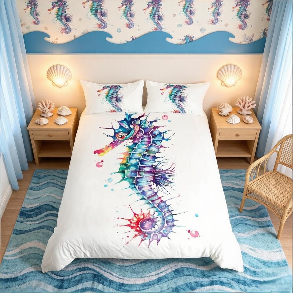 Loussiesd Seahorse Duvet Cover Ocean Creature Themed Bedding Set for Kids Girls Teens Women Colorful Tie Dye Decor Comforter Cover Sea Underwater Animal Bedspread Cover 2Pcs Zipper Single Size