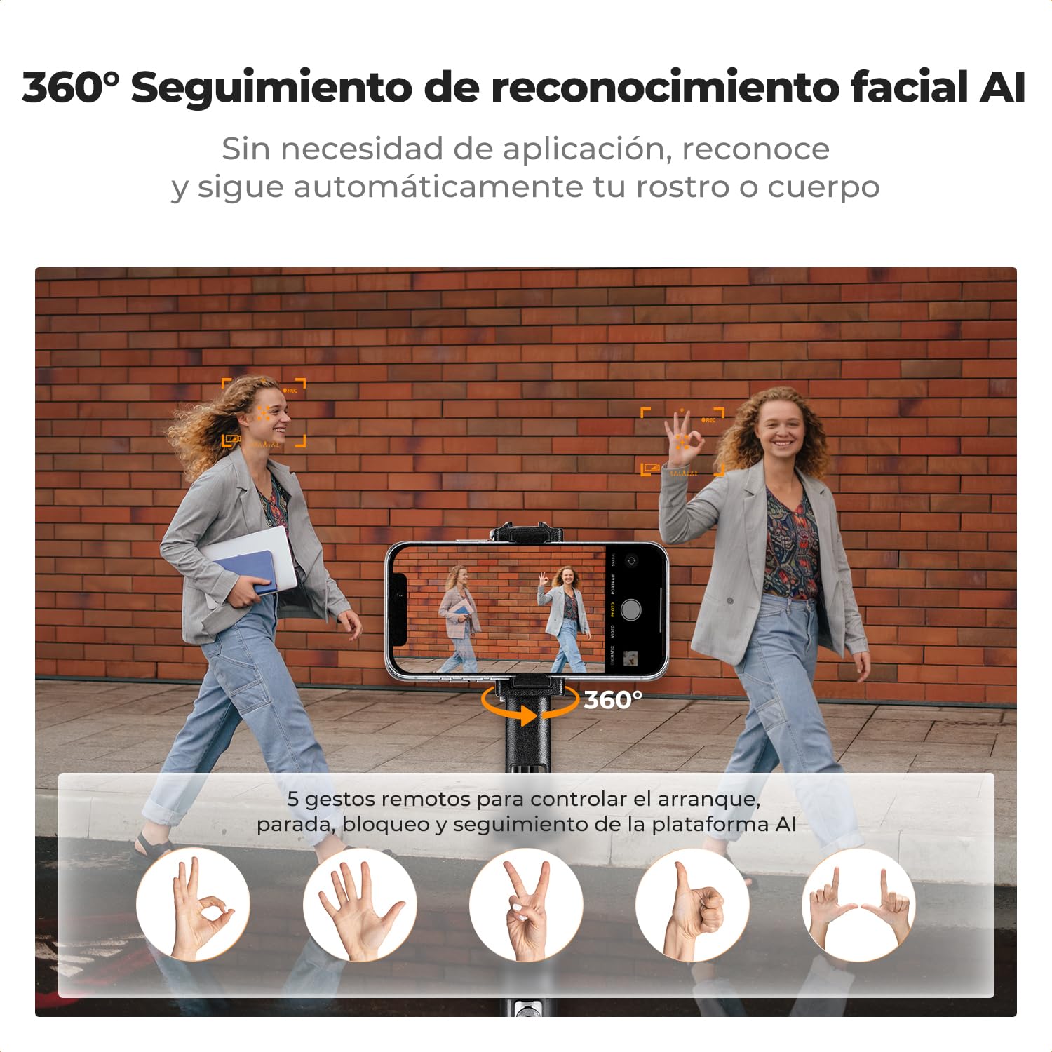 K&F CONCEPT Palo Selfie 180CM, Adaptado para dji OSMO Pocket 4&3/Luna Ultra, Trípode de Seguimiento AI 360°, Despliegue Automático y Plegado Rápido, 2 Anillos de Luz, 7 en 1 para Video/Vlog/Live