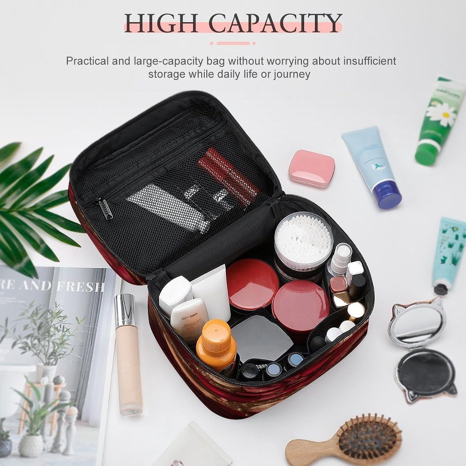 Rose Sparkling Travel Makeup Bags Large Capacity Cosmetic Bag for Women Portable Makeup Artist Organizer Bags Waterproof Make Up Bag Lightweight Hand-held Makeup Case image 4