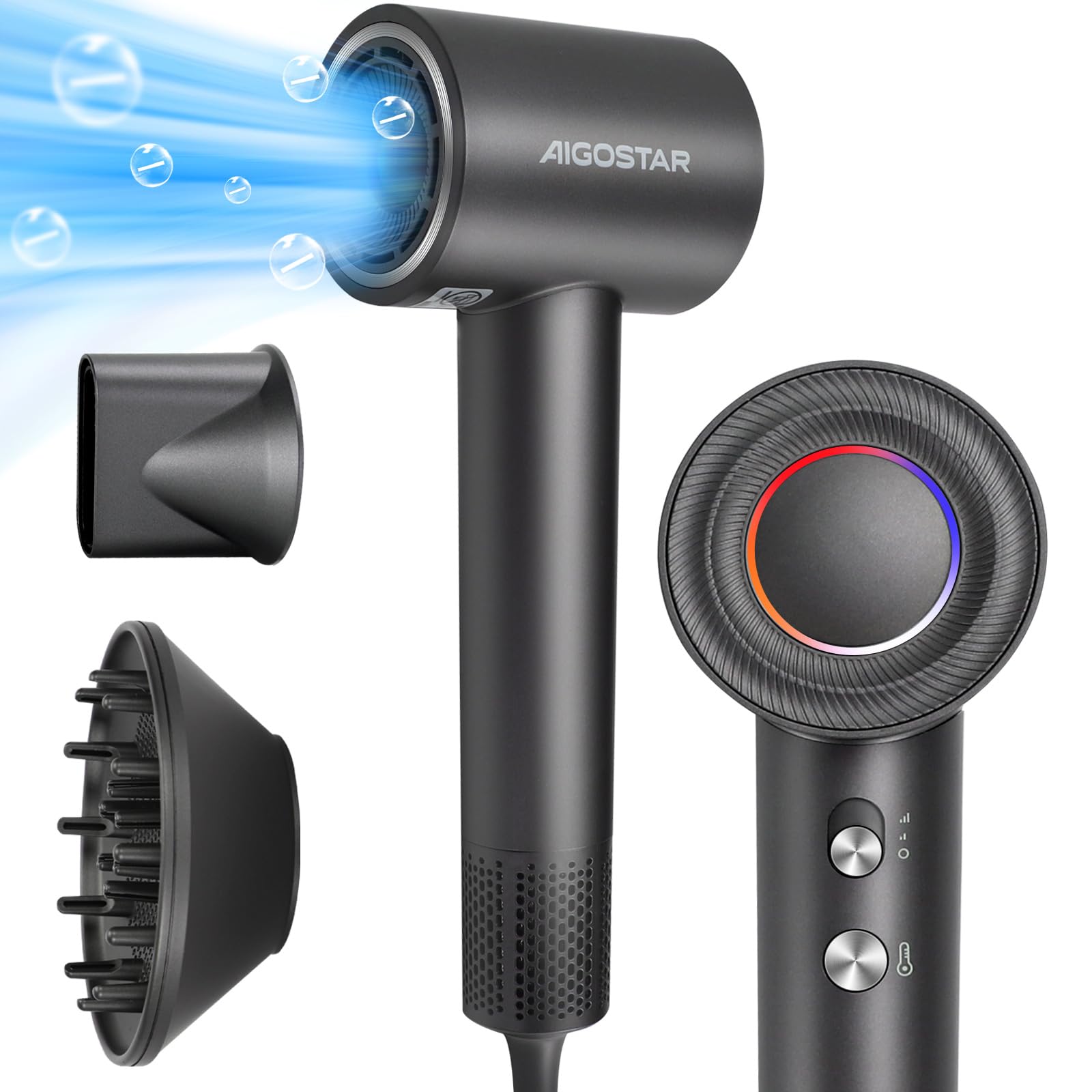Aigostar Haartrockner, 110.000 U/min, 65 m/s Professioneller Hochgeschwindigkeits Föhn mit 200 Millionen negativen Ionen für schnelles Trocknen, 55dB Leise Fön mit Magnetischem Düse & Diffusor