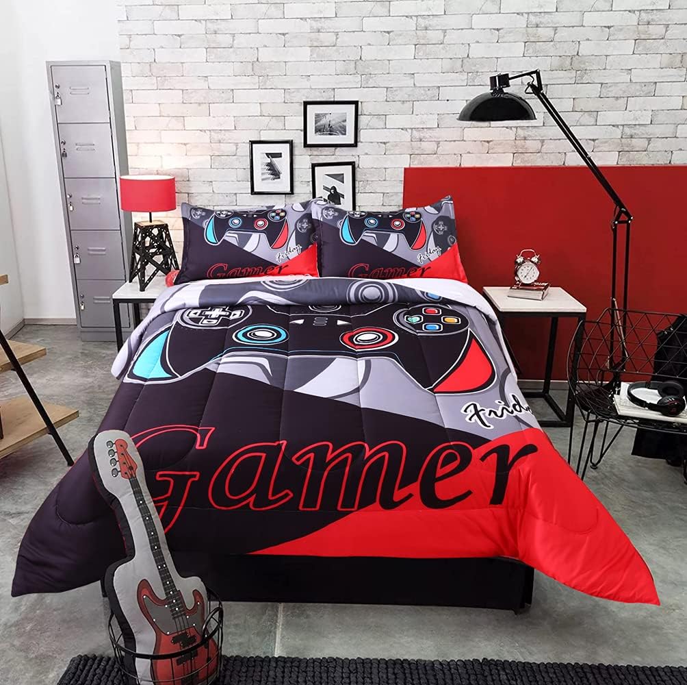 Gaming Comforter Modern Gamepad Bedding Set Video Game Gamepad Comforter Set for Teens Boys with 1 Comforter (68"*90") and 2 Pillowcases(Twin, Game color2)