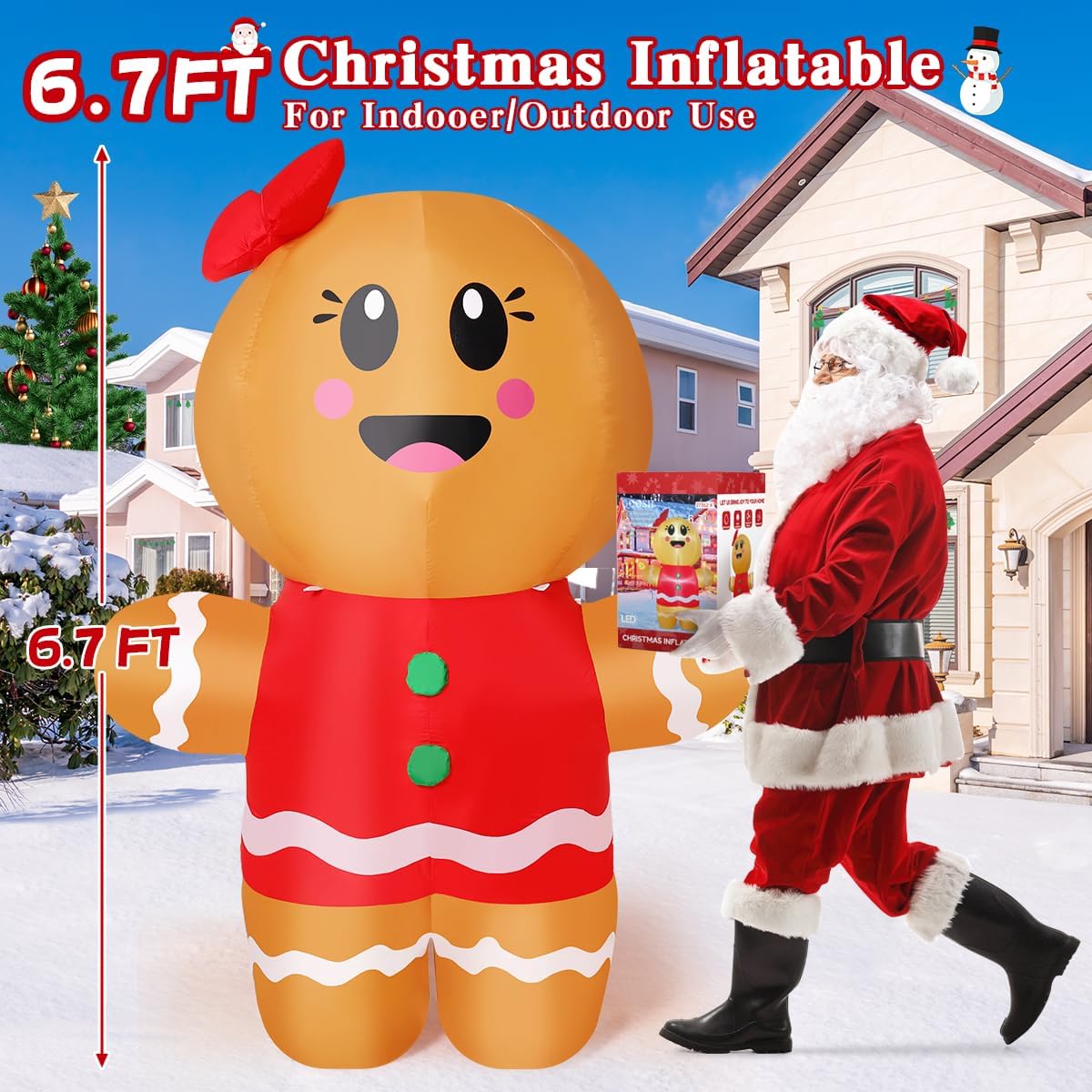 GOOSH 6.7 FT Christmas Inflatables Gingerbread Outdoor Decorations Blow Up Yard Gingerbread Man Inflatable with Built-in LEDs for Indoor Christmas Holiday Party Garden Lawn Decor