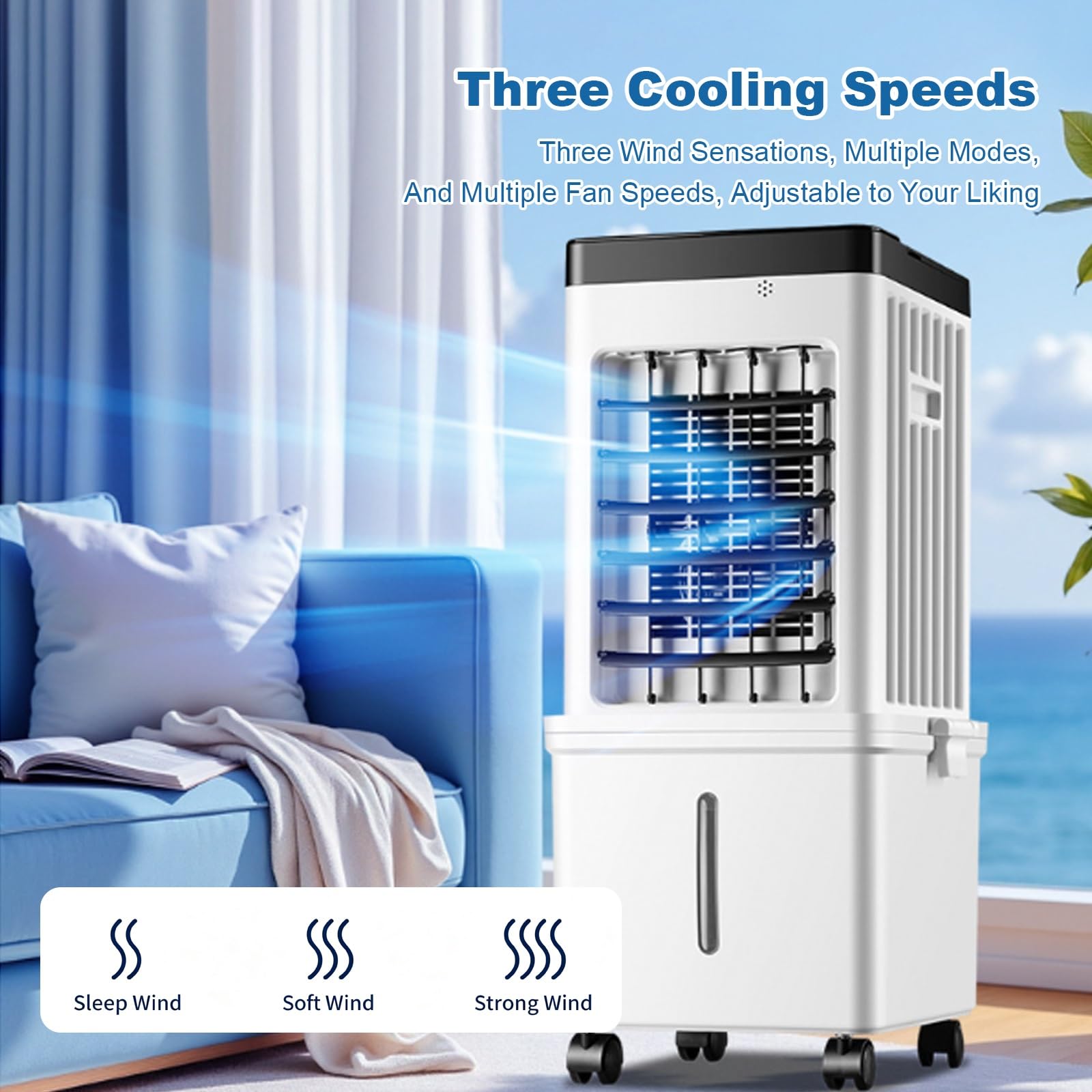 Climatizador Evaporativo Portátil de 3 Velocidades, Enfriador de Aire Silencioso con Llenado Superior, Ruedas y Acumuladores de Hielo para Habitación, Hogar, Oficina