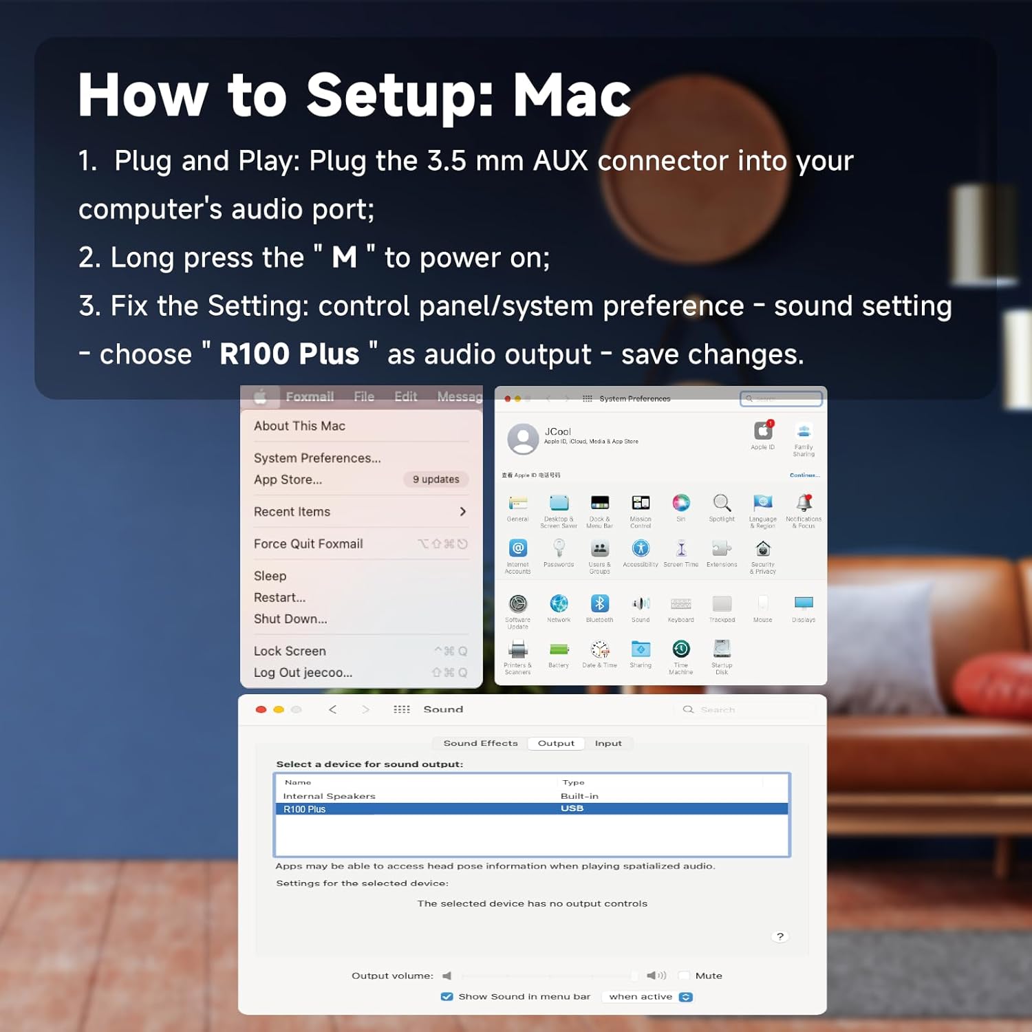 Screenshot of Mac audio settings showing 'R100 Plus' selected as sound output
