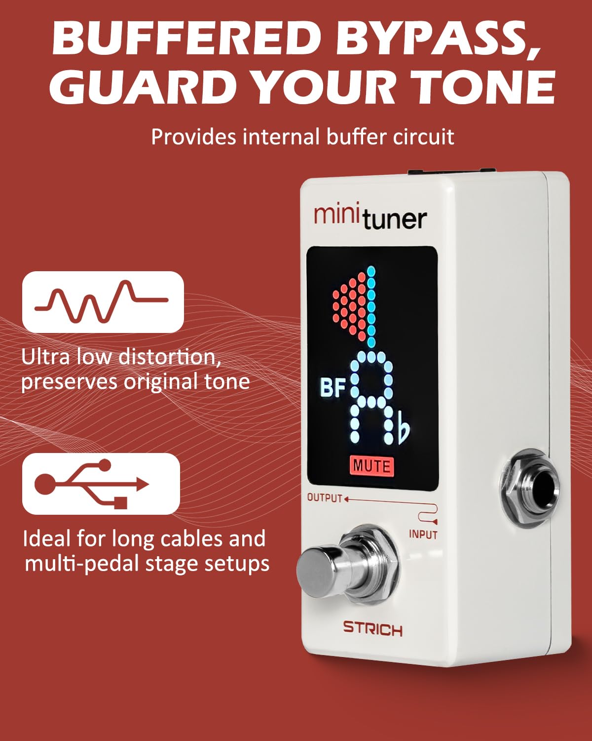 Strcih T-2 - Pedale accordatore per chitarra, alta precisione ± 1 centesimo, True Bypass/Buffer Bypass Dual Mode, sintonizzatore compatto, display LCD, supporta accordature alternative per chitarra