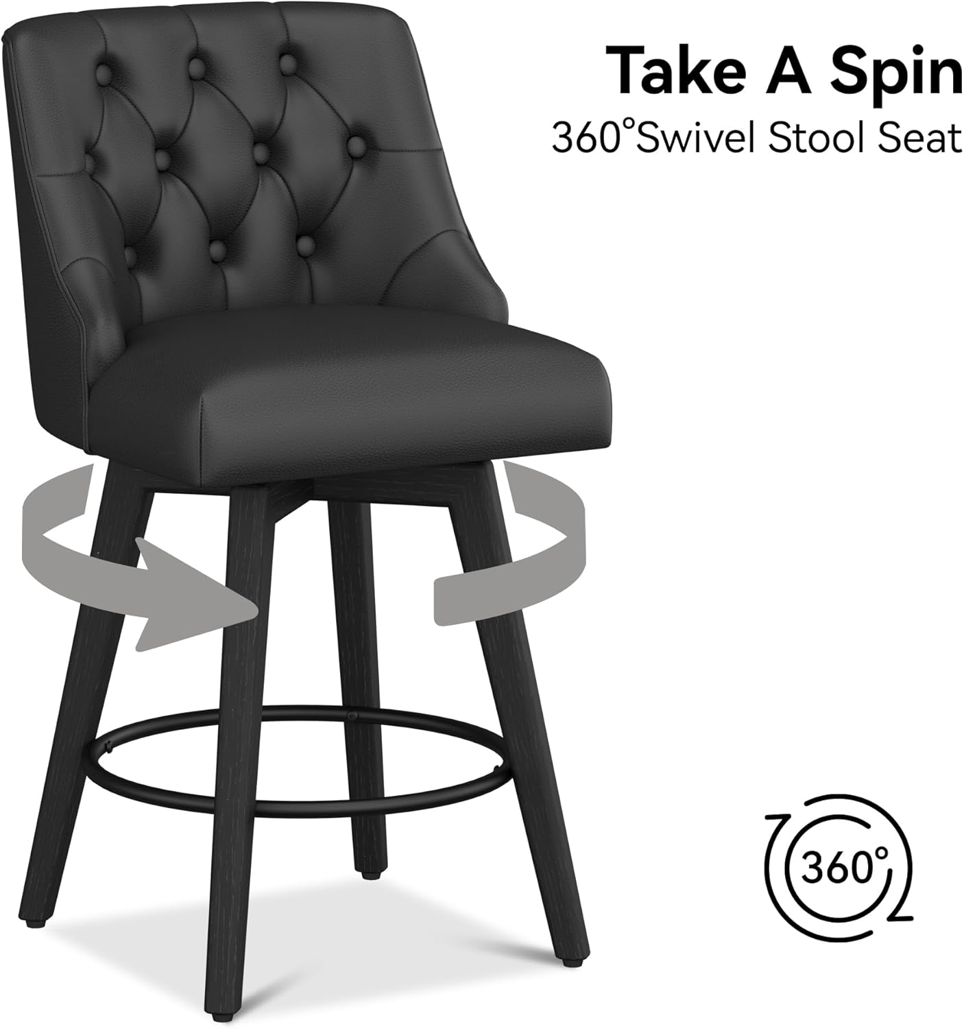 Counter Height Bar Stool, 26.8“H Swivel Leather Barstool with Back and Solid Wood Legs, Counter Height Stool for Kitchen Island, Home Bar Pub, Black Grey