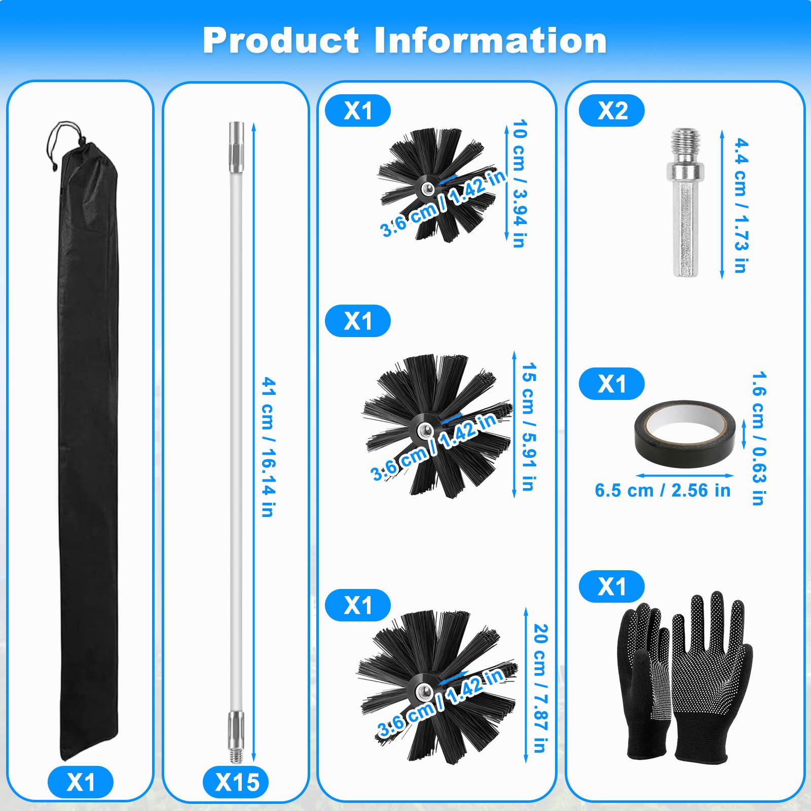 Kit Pulizia Canna Fumaria 23 Pezzi con 3 Teste Spazzola, 15 Aste Spazzole Flessibili 410mm, Scovolo Camino