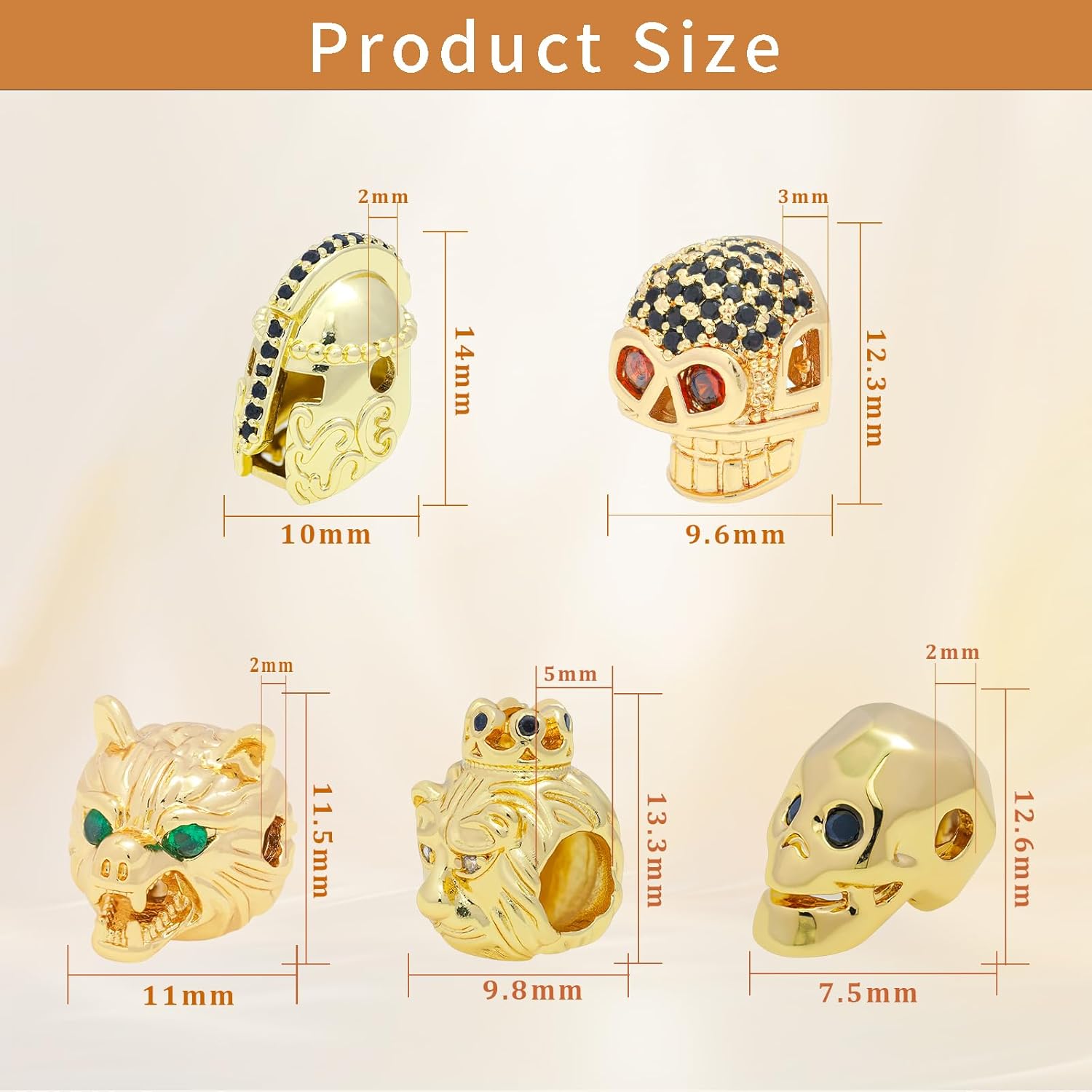 Gold Skull Beads Wolf Head Beads Lion Head Beads Gladiator Helmet Beads Micro Pave CZ Bracelet Necklace Spacer Beads Charm Accessories Gold Rhinestone Beads for Women Men Diy Jewelry Making 10pcs - Image 3