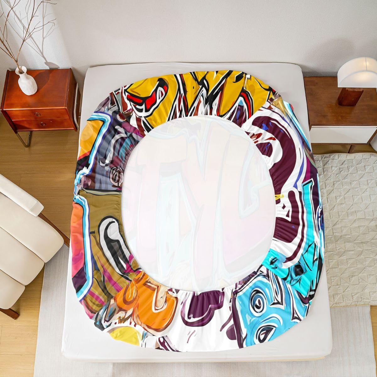 Erosebridal Hip Hop Fitted Sheet Deep Pocket Full Size, Graffiti Style Bedding Set for Kids Boys Girls Street Culture Bed Sheet Grunge Watercolor Spraying Bed Cover for Teens with 2 Pillow Cases
