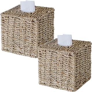 2 Pack Seagrass Tissue Box Cover Square, Handwoven Facial Tissue Box Holder