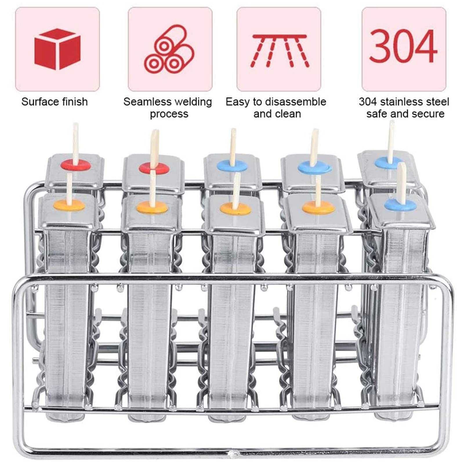 Molde para palitos de helado, 10 moldes para paletas de acero inoxidable, fabricantes comerciales de paletas de hielo con estante, 10 sellos de silicona, 100 palitos de bambú reutilizables, 20 bolsa