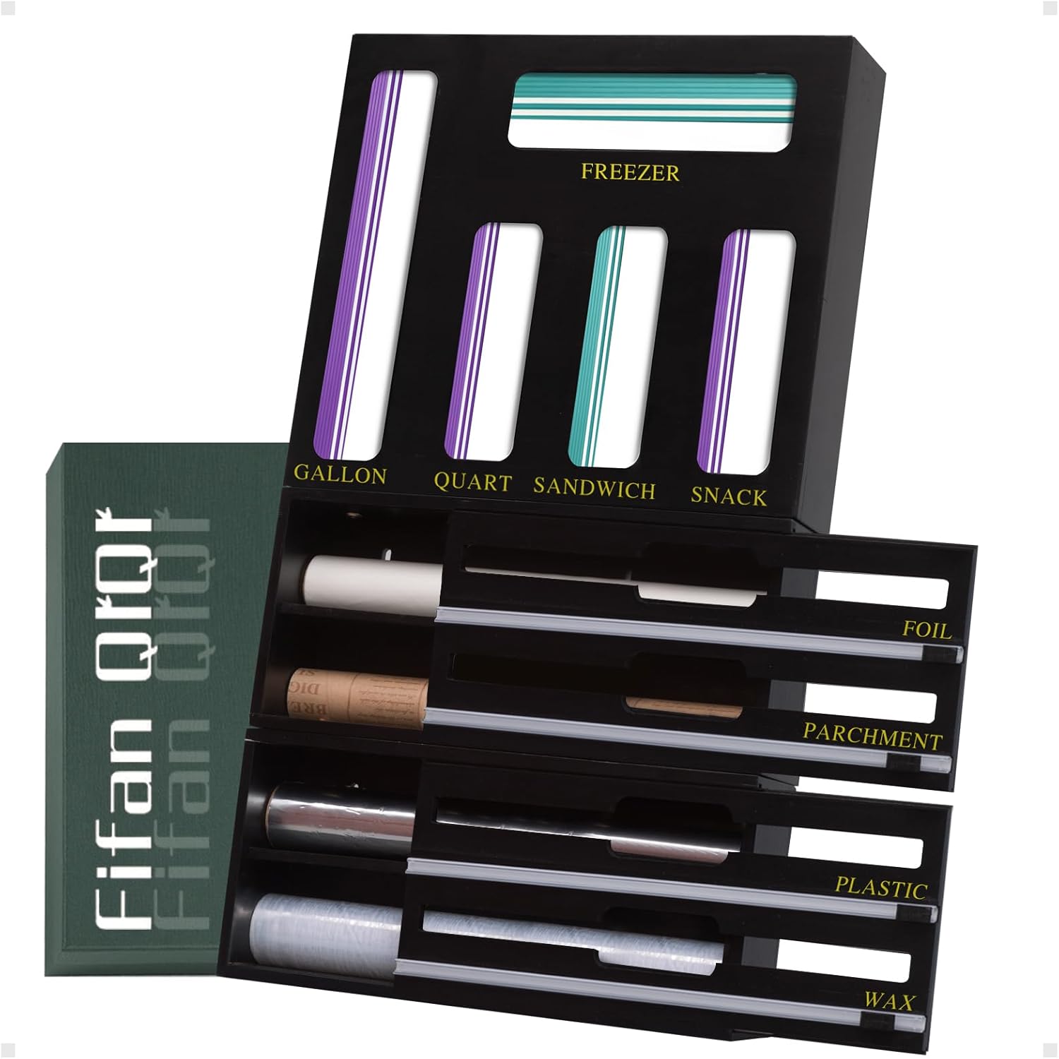 9 In 1 Storage Bag Organizer And Plastic Wrap Dispenser With Cutter, Bamboo Foil and Plastic Wrap Organizer(Black)