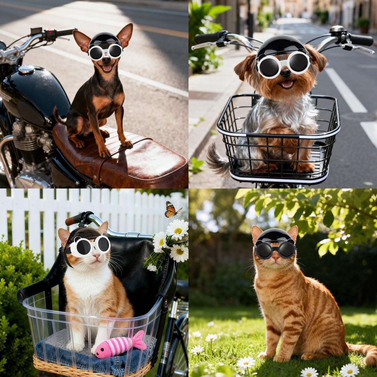 LESYPET Gafas y dobladillo para perros extra pequeños, lentes de sol para perros pequeños, protección UV, casco de motocicleta para cachorros para chihuahua yorkie, negro y negro