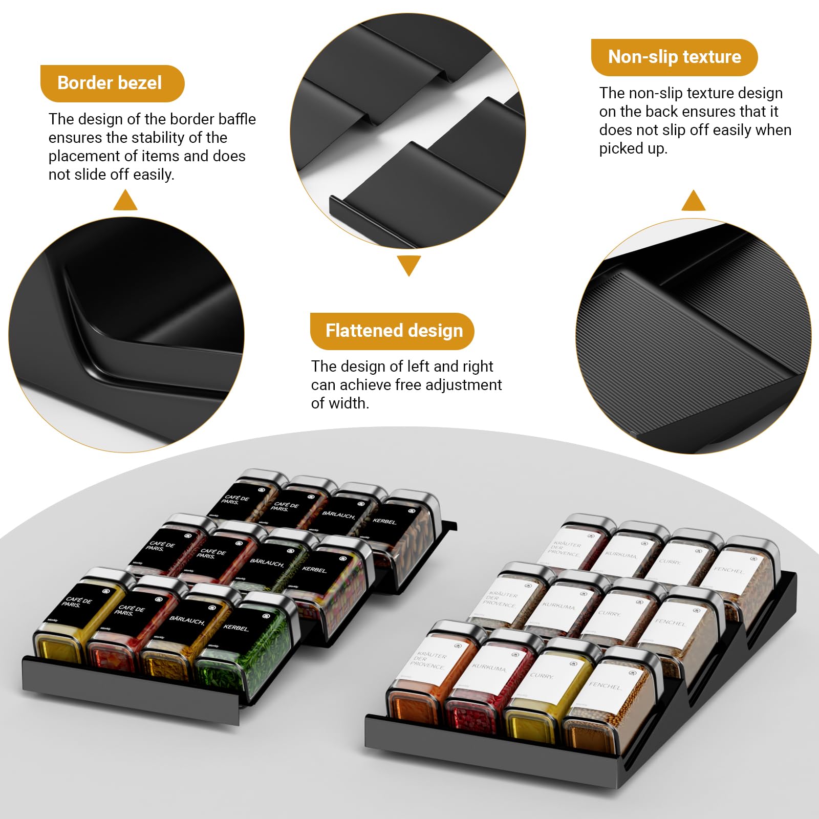 Miorkly Gewürzgläser Eckig Drehdeckel mit Regal [24 x 120ml] - Gewürzregal mit Gewürzdosen Set [Passend für alle Schubladen] Gewürz Organizer Schublade - Gewürzregal Schublade mit Gläsern