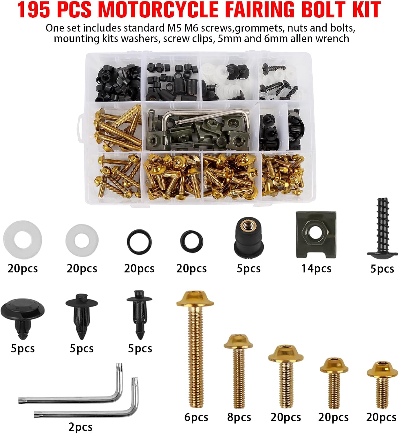 CHIFUN Motorcycle Fairing Bolt Kit Silver M5 M6 Stainless Steel Screws Assortment Kit Plastic Grommets Nuts Washers Clips Universal for Sport Dirt Bike Bodywork Fairing Windscreen