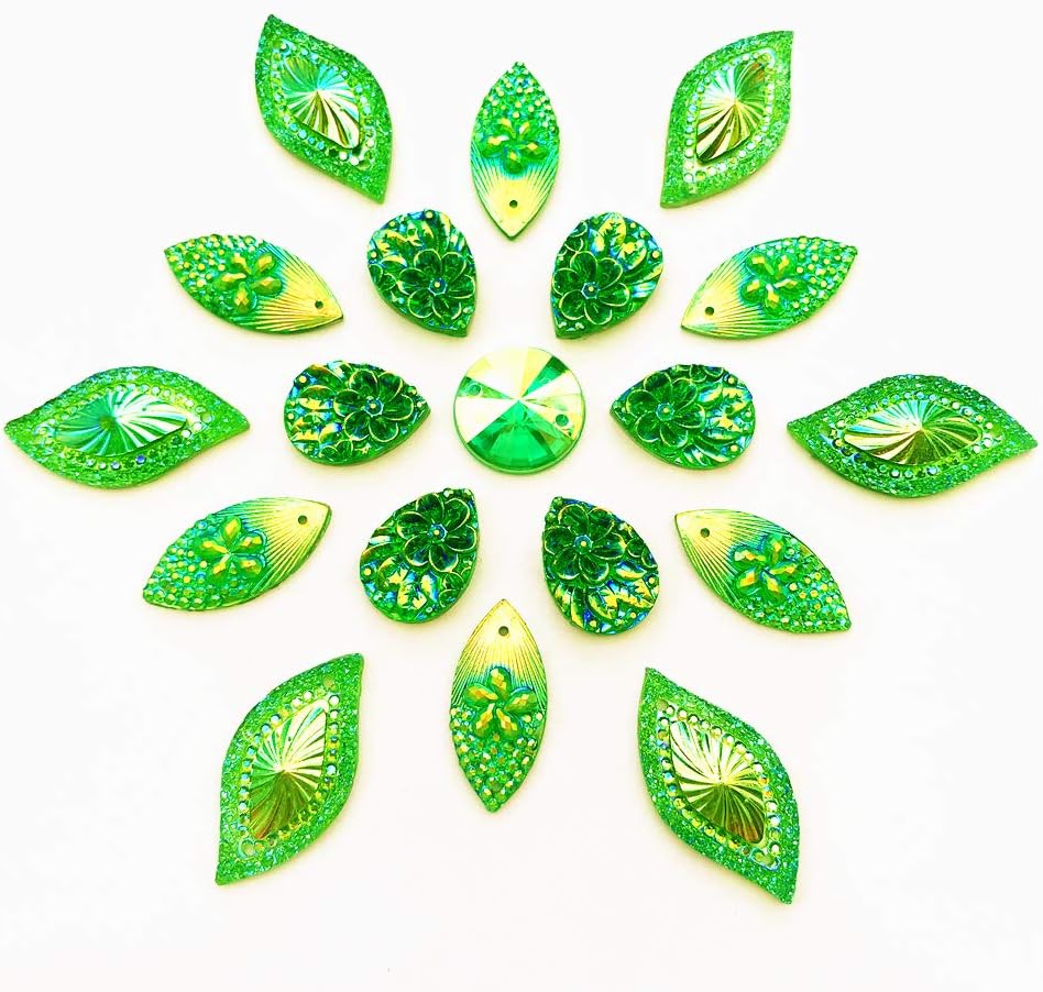 80 Big Flower AB Mixed Size Sew On Rhinestones Flatback Beads Stones Sewing for Clothing Wedding Dress Decorations 2 Holes (Green)