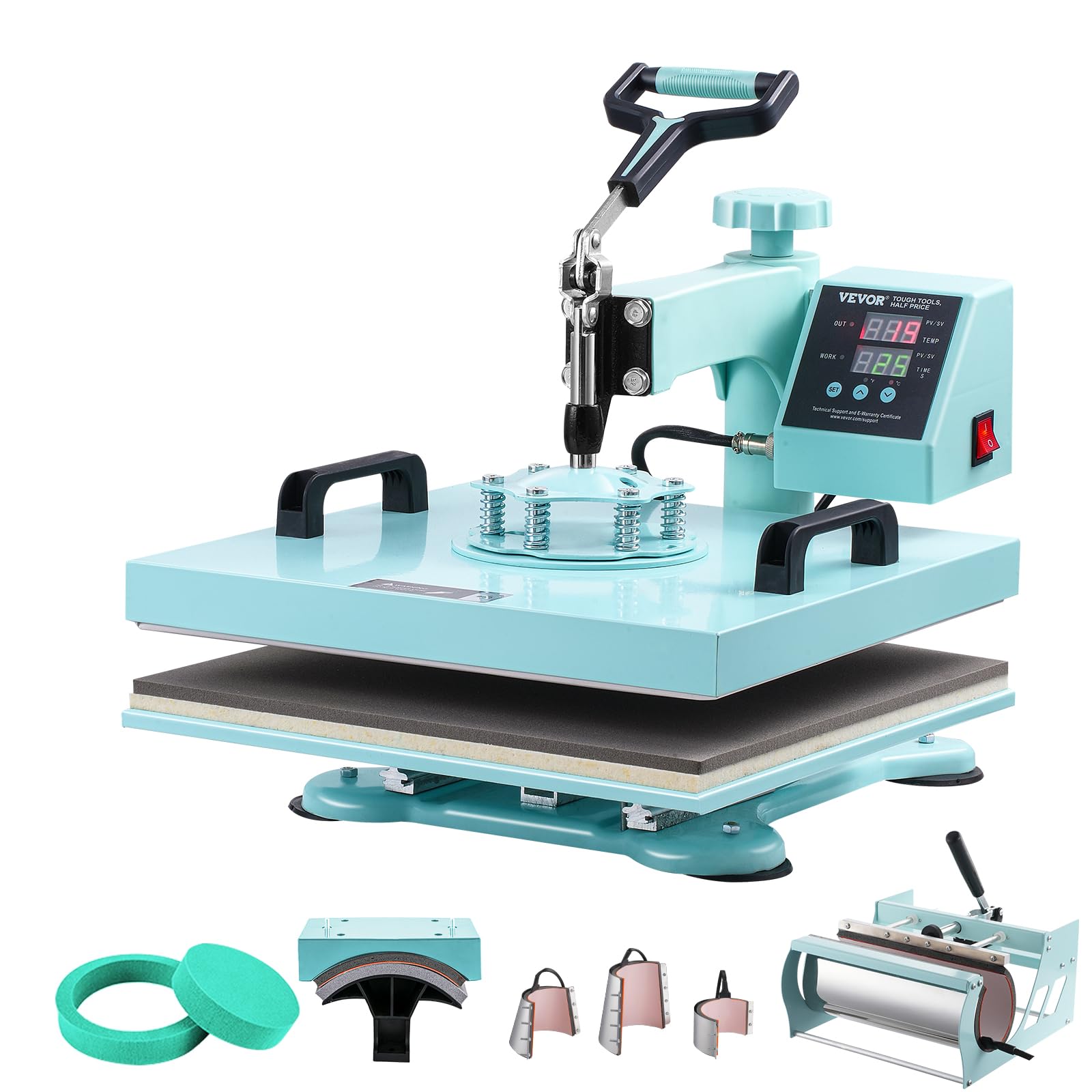 VEVOR15x15 Heat Press: 8-in-1 Combo for T-Shirts, Hats, Caps, Tumblers, Glasses, Cans, Mugs, and Plates (Turquoise, Alloy Steel, 1.4kW, 480F)