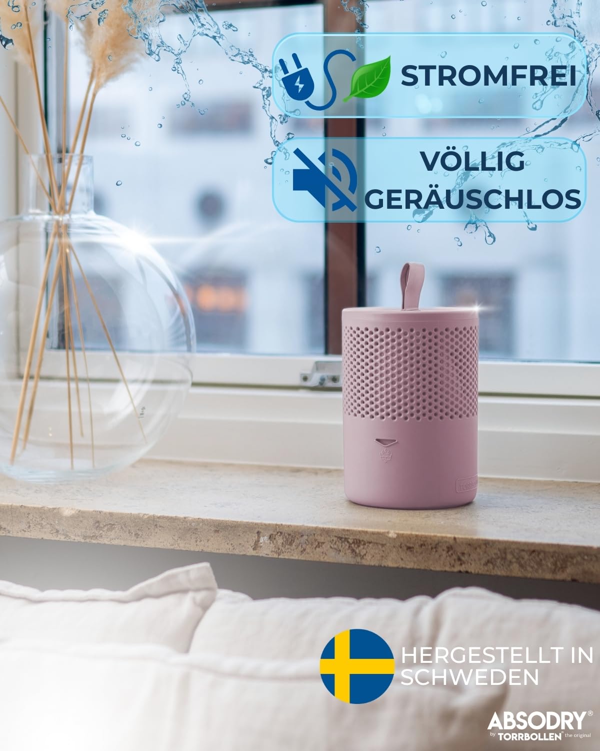 ABSODRY Luftentfeuchter ohne Strom bis - Inklusive Nachfüllpack - Aus recyceltem Kunststoff - Raumentfeuchter für Wohnzimmer Badezimmer Keller - Entfeuchter Wohnung - 4er-Pack (4 X Pink)