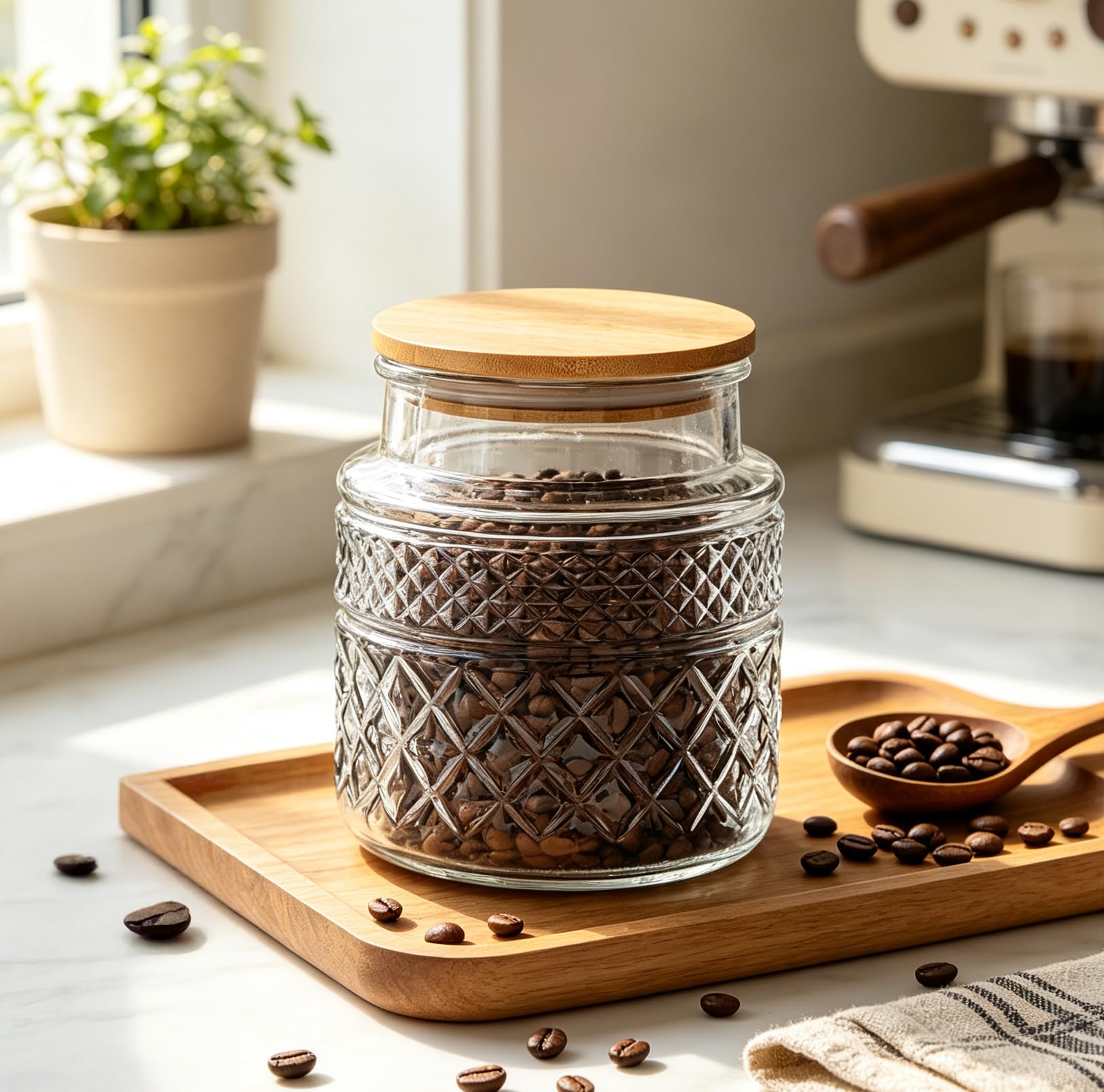 Prettidecor Tarros de almacenamiento de vidrio, botes herméticos de 38 onzas líquidas con tapa de bambú, recipientes decorativos de cocina para cereales, nueces, aperitivos, dulces, galletas, café, té