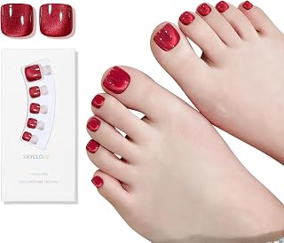 Cat Eyes Press On Toenails,14 Sizes-28 Pcs Soft Gel Red Short Square Fake Toenails Kit with Toenails Glue, Natural Reusable Stick On False Toenails for Women and Girls (Skycloud Red Toenails) SK0753